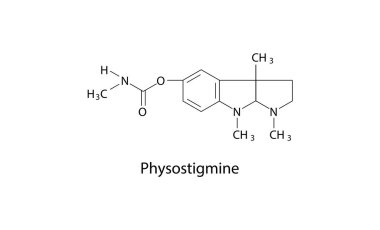 Physostigmine iskelet yapısı. Tersine çevrilebilir asetilkolinesteraz inhibitörü (üçüncül amine) bileşik şematik illüstrasyon. Basit diyagram, kimyasal formül..