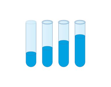 4 test tüpü simgesi seti. Bilimsel deneylerde ve kimyasal analizlerde kullanılan cam parçalarının basit şematik çizimi. Test tüplerinin minimalist düz tasarımı