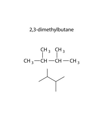 2,3-Dimetilbütan Yapısı Yoğunlaştırılmış Formül ve Karbon İskelet Formülü Organik Kimya dallı Alkane Temsili