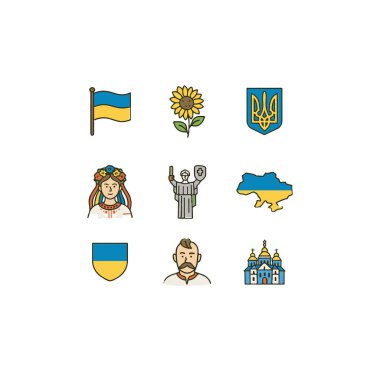 9 Ukrayna simgesi, bayrak ve ulusal sembollerden oluşan bir set. Basit çizgi film stili illüstrasyonu.