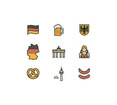 9 Almanya simgesi, bayrak ve ulusal sembollerden oluşan bir set. Basit çizgi film stili illüstrasyonu.