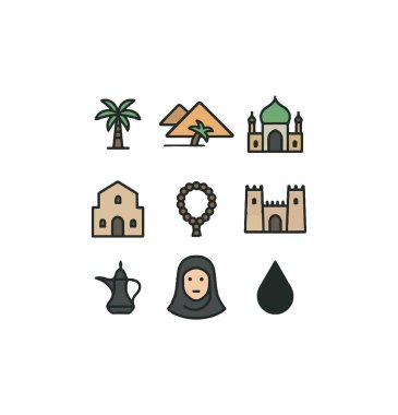 Ortadoğu Kültür ve Miras Simgesi Cami, Çöl, Palmiye Ağacı, Başörtüsü Kadın, Dua Boncukları, Kale, Kahve demliği ve Geleneksel Orta Doğu elementlerinin Vektör Sembolleri