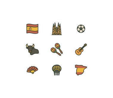 9 İspanya simgesi, bayrak ve ulusal sembollerden oluşan bir set. Basit çizgi film stili illüstrasyonu.