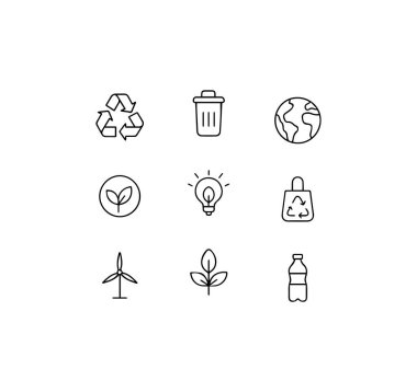 ekoloji ve geri dönüşüm çizgisi simgeleri vektör illüstrasyonunu ayarlar 