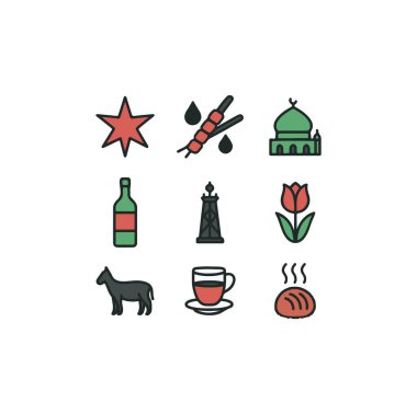 İran Kültürü ve Simgesi Simgesi Cami, Çay, Kebap, At, İran yemeği Orta Doğu Kimlik Sembolleri Vektör Sembolleri.
