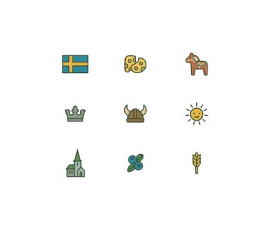 9 İsveç simgesi, bayrak ve ulusal sembollerden oluşan bir set. Basit çizgi film stili illüstrasyonu.