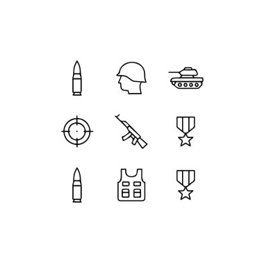 Askerler, Silahlar, Tanklar, Füzeler ve Savunma Malzemeleri 'nin 9 adet Askeri ve Savaş Simgesi Vektör Sembolü. Basit çizgi illüstrasyonu.