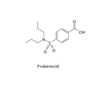 Probenekid 'in kimyasal yapısı. Gut tedavisinde kullanılan ve bazen kandaki antibiyotiklerin yoğunluğunu arttırmak için kullanılan bir ilaç.