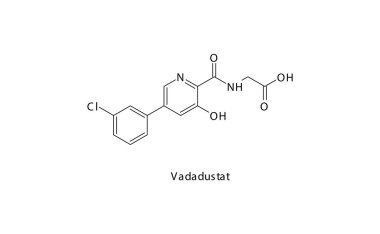 Vadadustat kimyasal yapı iskelet formülü. Kronik böbrek hastalığı (CKD) nedeniyle Anemi tedavi etmek için kullanılan HIF-prolil hidroksilaz inhibitörü. Basit şematik çizim.