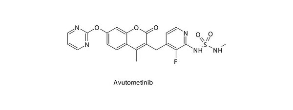 Формула скелета химической структуры авутометриниба. Ингибитор MEK (двойной RAF, ингибитор MEK) препарат, используемый для лечения низкосортного серозного рака яичников (LGSOC), твердых опухолей с изменениями пути MAPK.