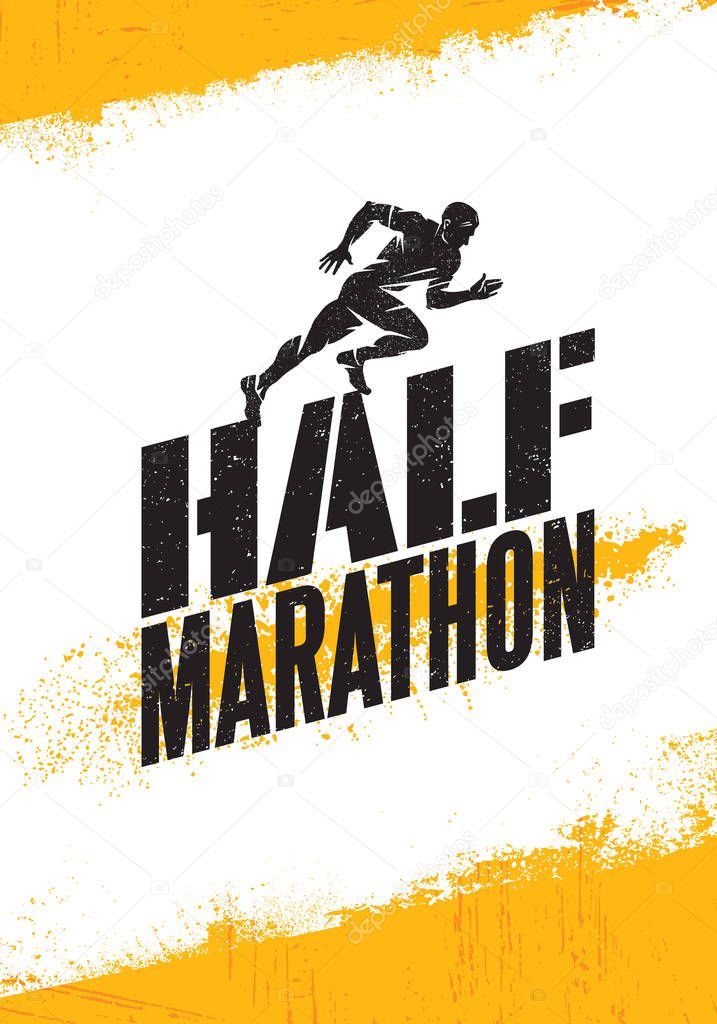 Half Marathon Active Sport Event Advertisement Banner Concept. Creative Sport Design Element On Rough Background With Grunge Texture