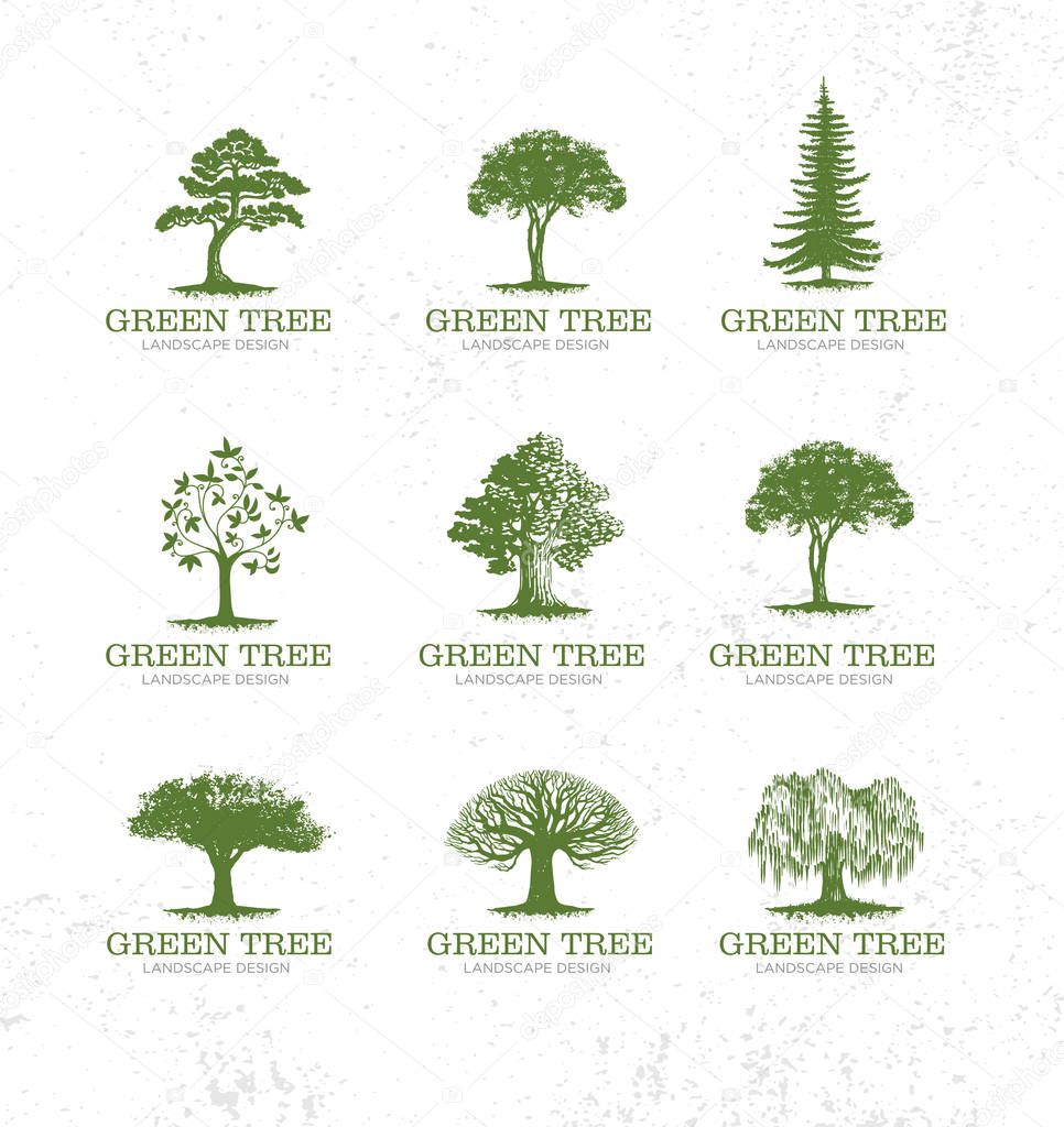 Green Tree Landscape Design Sign Concept. Organic Gardening And Land Solutions Creative Hand Crafted Illustration On Rough Texture Background