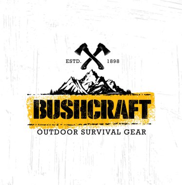 Bushcraft açık macera Prepper hayatta kalma ekipman vektör afiş tasarım öğesi. Yaratıcı kaba kamp işareti kavramı sıkıntılı Grunge arka plan üzerinde