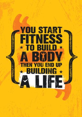 Fitness bina A hayatını sona sonra bir vücut oluşturmak için başlamak. Fitness jimnastik salonu kas egzersiz motivasyon teklif Poster vektör kavramı. Yaratıcı kalın ilham verici tipografi illüstrasyon