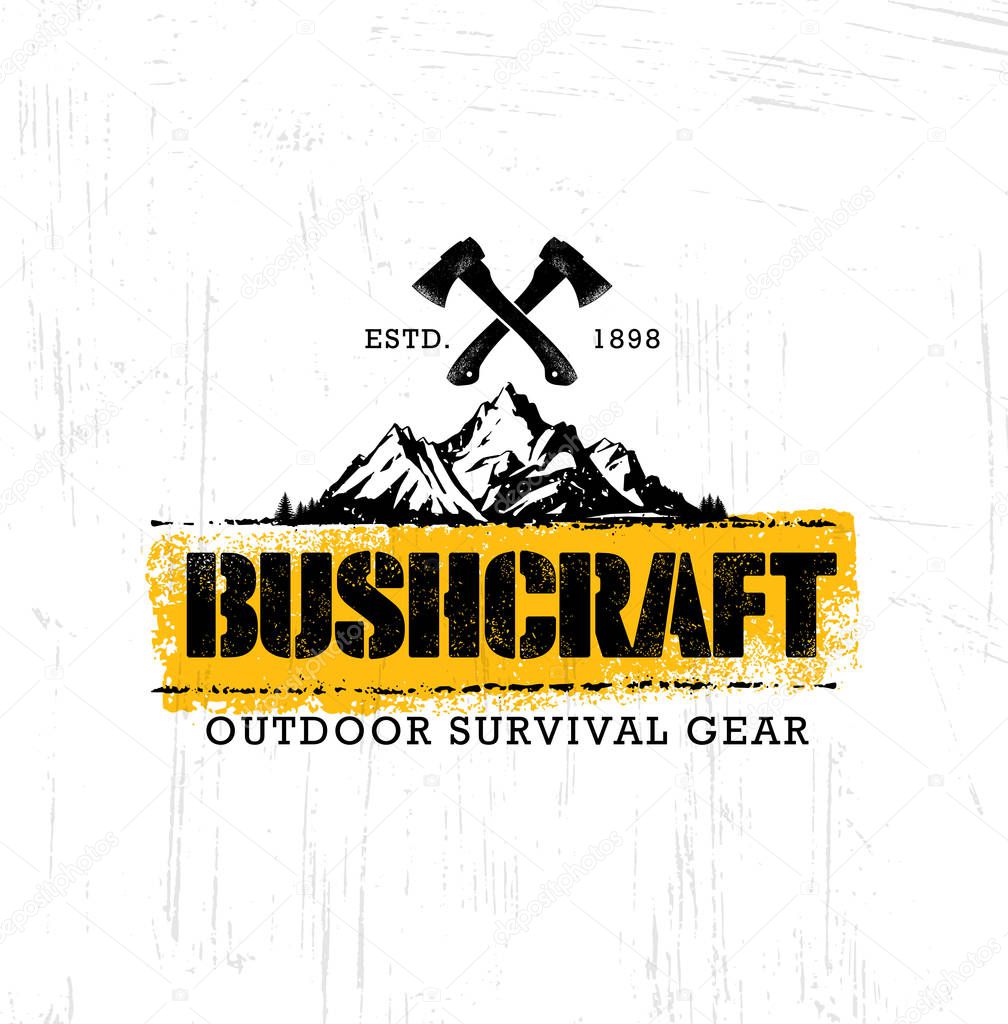 Bushcraft Outdoor Adventure Prepper Survival Equipment Vector Banner Design Element. Creative Rough Camping Sign Concept On Distressed Grunge Background