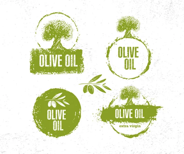 Extra Virgin Olive Oil Green Icons Trees White Background — Stock Vector