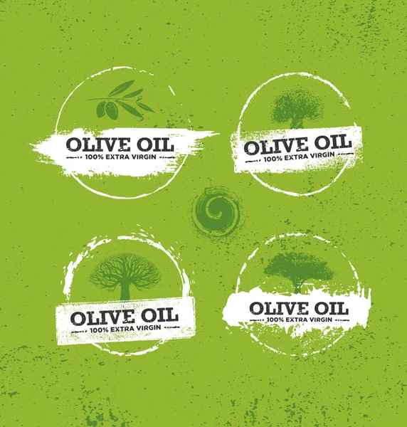 Extra Virgin Olive Oil Icons Trees Green Background — Stock Vector