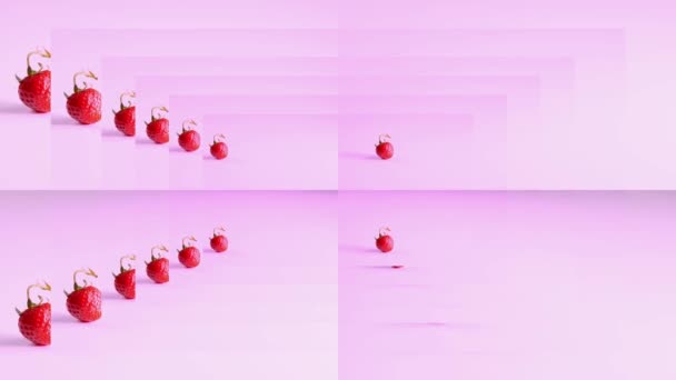 Hermosa Salpicadura Fresas Fresas Frescas Maduras Sobre Fondo Rosado Con — Vídeos de Stock