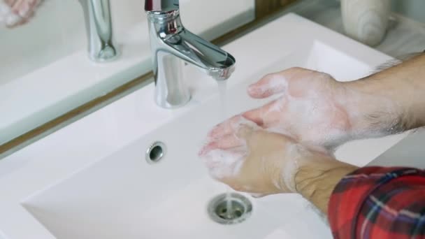 Close Hand Washing Man Washes His Hands Soap Running Water — Stock Video