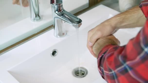 Wash Hands Faucet Water Male Hands Wash Dirt Soap Hygiene — Stock Video