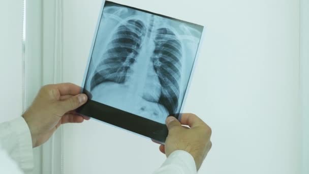 Médico Observa Una Radiografía Los Pulmones Una Persona Paciente Examen — Vídeo de stock