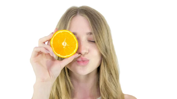 Girl Orange Her Hands Girl Holds Fresh Fruit White Background — Stock Photo, Image