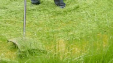 Adam çimleri elinde çim biçme makinesiyle biçiyor, ev yapımı, yakın plan..