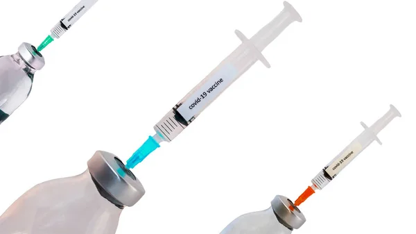 隔離された白のコロナウイルスワクチン 注射器で薬を服用 クローズアップ 白い背景に注射器のセット Covid 19の治療 ウイルスに対するワクチン — ストック写真