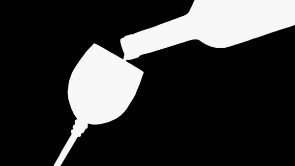 将葡萄酒从瓶子中倒入杯子中 玻璃杯白色图标 黑色背景图解 — 图库照片