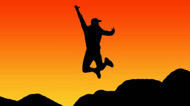 Gün batımında atlayan bir adamın silüeti, yakışıklı atlayan bir adam, siyah bir adam çizgisi.