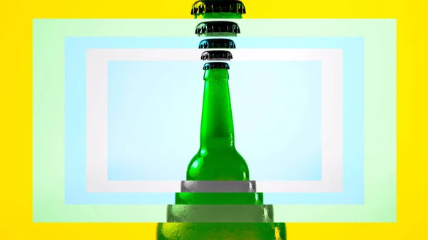 Светлое Пиво Зеленой Бутылке Кудрявой Рамке Красочными Цветами Открыть Бутылку — стоковое фото