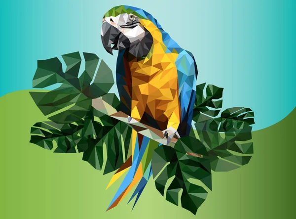 Illustrazione Disegno Poligonale Uccello Ara Foglia Tropicale — Vettoriale Stock