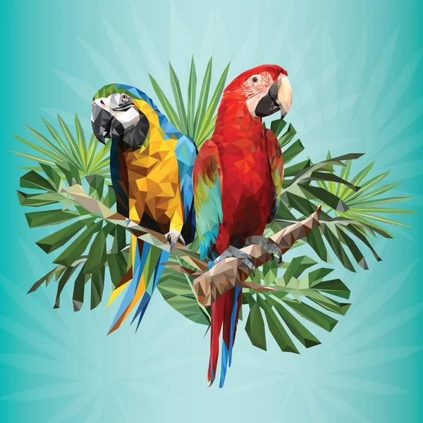 Иллюстрационный Многоугольный Рисунок Зеленых Крыльев Голубых Золотых Ара Птиц Тропическим — стоковый вектор
