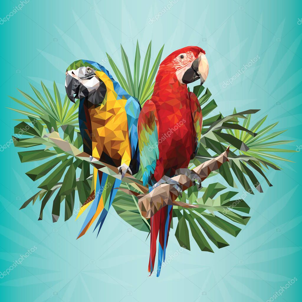 Illustration polygonal drawing of green wing and blue and gold macaw birds with tropical leaf.
