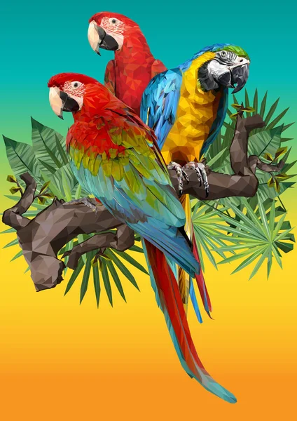 Illustration polygonal drawing of green wing and blue and gold macaw birds with tropical leafs.