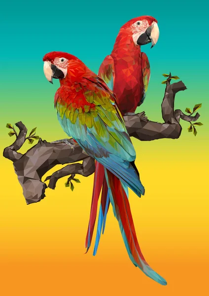 Illustration Polygonal Drawing Green Wing Macaw Birds Hold Branch — Stock Photo, Image