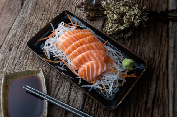Sashimi Salmón Fresco Crudo Rebanada Pescado Listo Para Servir Estilo —  Fotos de Stock