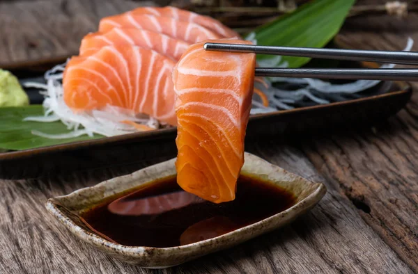 Sashimi Salmón Fresco Crudo Rebanada Pescado Listo Para Servir Con —  Fotos de Stock