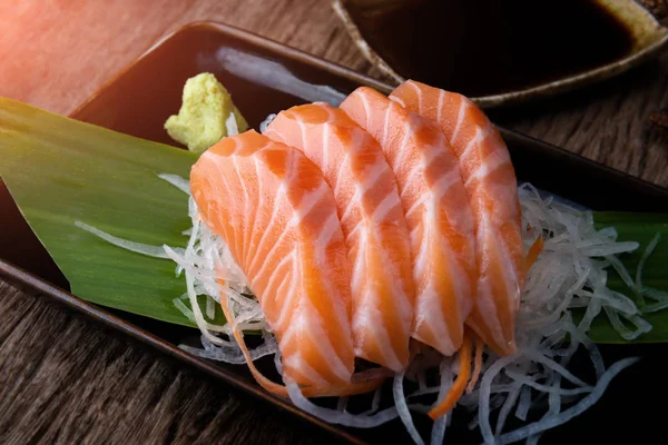 Sashimi Salmón Fresco Crudo Rebanada Pescado Listo Para Servir Estilo —  Fotos de Stock