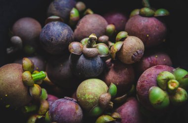 Loş ışık ve koyu gölgeli mangosteen meyveleri.
