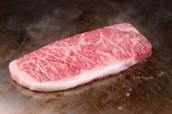Bife Japonês Wagyu Carne Teppanyaki Estilo Cozinhar Servir — Fotografia de Stock