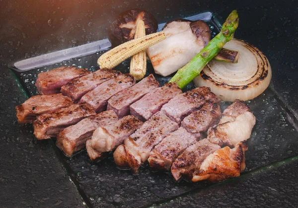 Bife Japonês Wagyu Carne Teppanyaki Estilo Cozinhar Servir — Fotografia de Stock