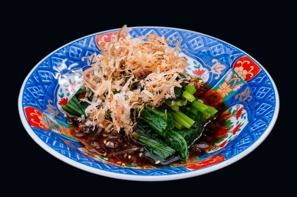 Japanischer Gekochter Spinat Shoyu Sauce Mit Schwarzem Hintergrund — Stockfoto