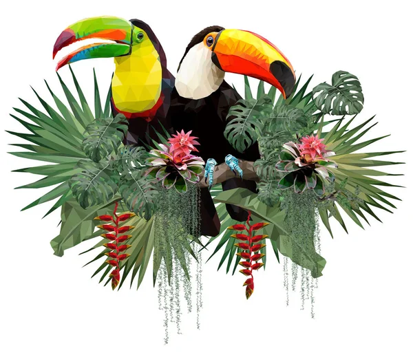 Polygonal Illustration Toucan Fåglar Och Amazon Skog Växter Med Vit — Stockfoto