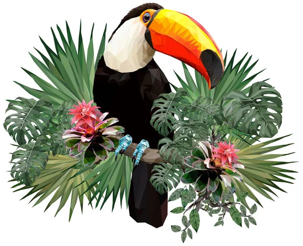 Vecteur Illustration Polygonale Oiseaux Toucans Plantes Forestières Amazoniennes Fond Blanc — Image vectorielle