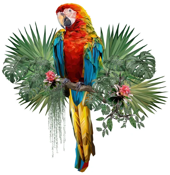 Vector Poligonal Ilustra Dibujo Pájaro Guacamayo Arlequín Con Plantas Selva — Vector de stock