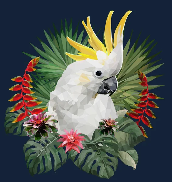 Polygonal Illustration Cockatoo Fågel Och Amazon Växter — Stock vektor
