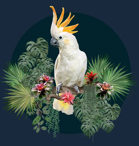 Illustrazione Poligonale Cockatoo Uccello Piante Amazzoniche — Vettoriale Stock