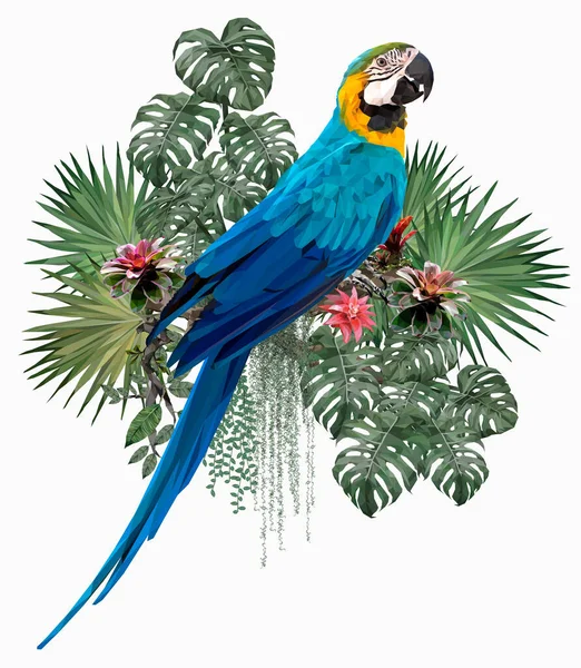 Ilustración Poligonal Pájaro Guacamayo Azul Dorado Con Hojas Amazónicas — Vector de stock