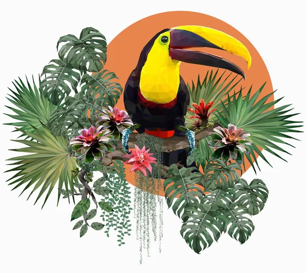 Polygonal Illustration Toucan bird and Amazon forrest plants.